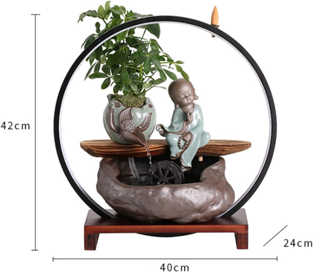 Tabletop Fountain with LED Light, Cwaterfall for Desk with Solid Wood Base & Water Storage Basin, Chinese Zen-Inspired Flowing Water Ornament for Office Living Room(H)
