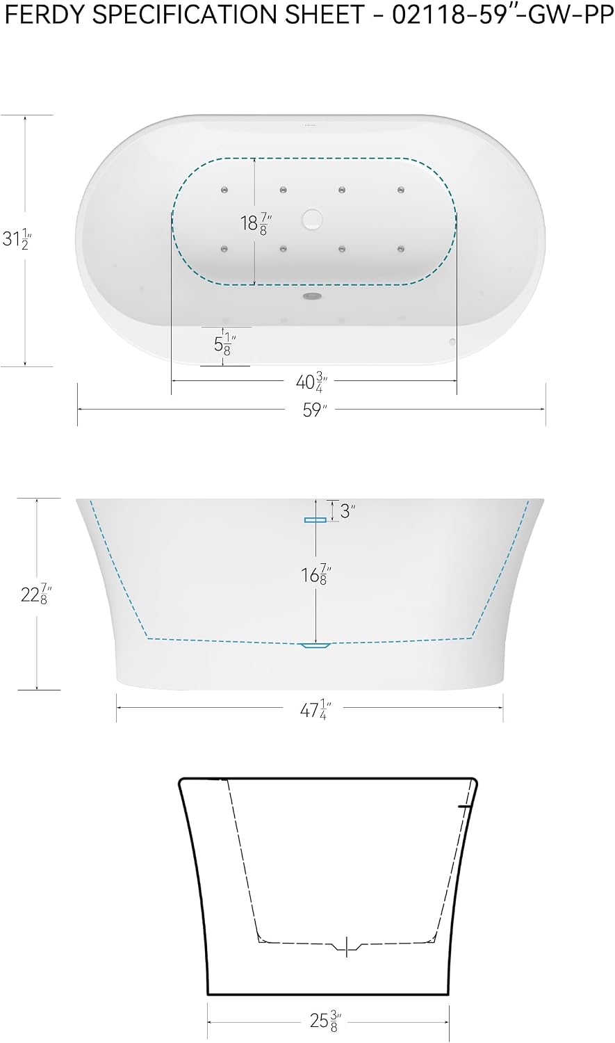 FerdY Mauritius 59 Inch Acrylic Freestanding Whirlpool Bathtub, Oval with 8 Air Water SPA Jets Morden White Stand Alone Jetted Tub, Luxury Acrylic Free Stand Deep Soaking Bath Tub
