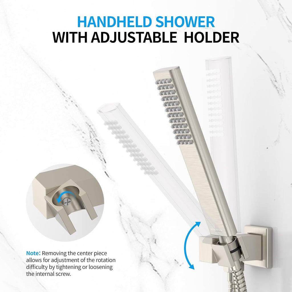 EMBATHER Shower System 12' Shower Faucet Set for Bathroom Luxury Rain Mixer Combo Set Wall Mounted Rainfall Square Shower Head, Easy Installation, Contain Rough-in Valve & Trim, Brushed Nickel