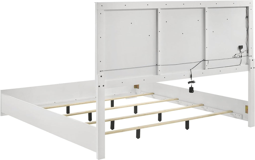 Coaster Home Furnishings Ives Contemporary 4-Piece Bedroom Set Queen Size LED Panel Bed Frame 57-inch Headboard White High Gloss 224941Q-S4