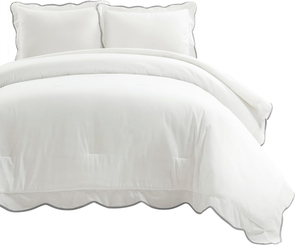 Lush Decor Coastal Chic Scalloped Edge Comforter Set, 3 Piece Set Full/Queen, Gray & White - Queen Bedding Set - White Comforter - Coastal Decor