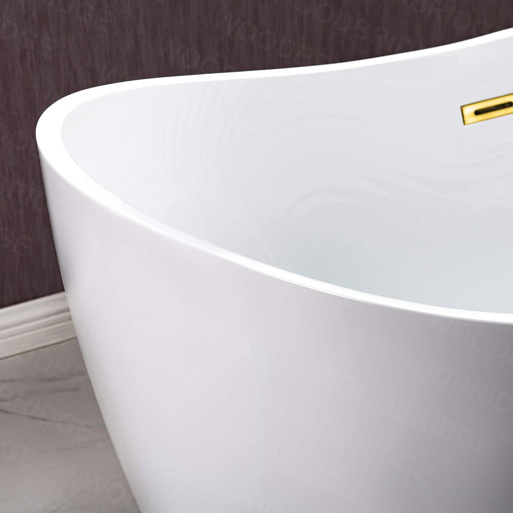 WOODBRIDGE 59' Acrylic Freestanding Bathtub Contemporary Soaking White Tub with Brushed Gold Overflow and Drain,BTA1516 BG