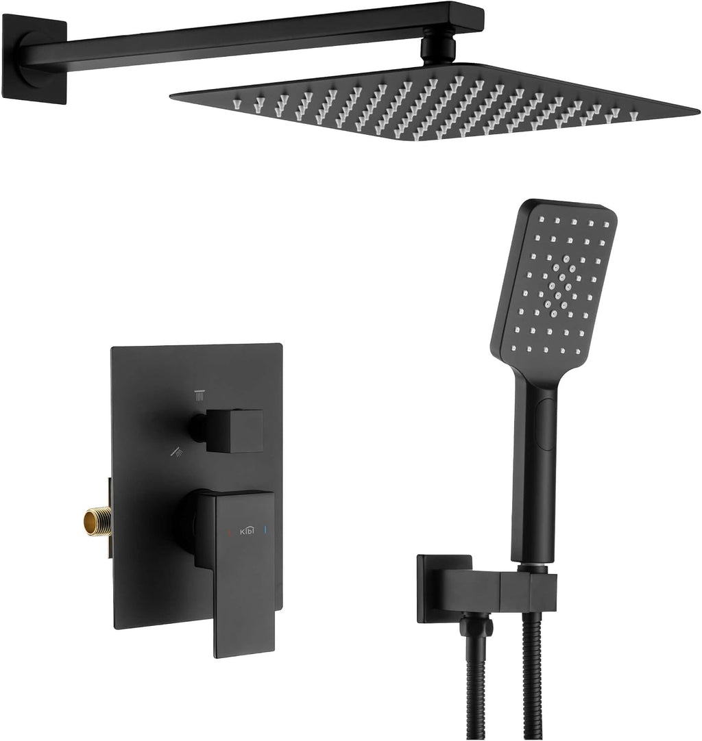 KIBI Cube Bathroom Shower System | 2-Function Wall Mounted Shower Faucet Set with Solid Brass Pressure Balanced Valve | Three Hand Shower Modes | 15-inch Long Shower Arm | Matte Black (KSF405)