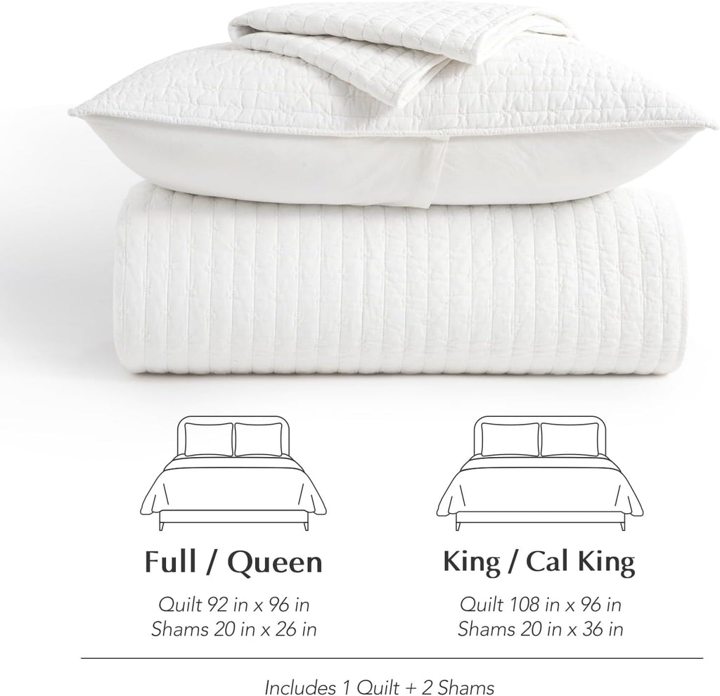 EVERGRACEHOME Cross Stitch Pre-Washed Cotton Quilt Bedding Set Queen Size, Oversized 3 Pieces Lightweight Bedspread Coverlet for All Season, with 2 Matching Shams, Bright White, 92'x96'