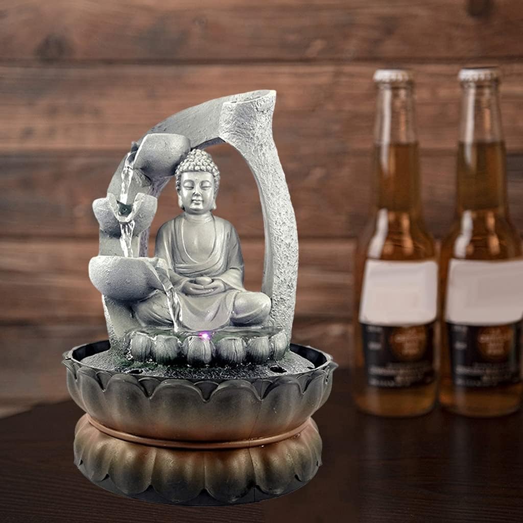 Creative Tabletop Fountain with LED Lights - Buddha Statue Waterfall Decor, Resin Indoor Water Feature, Feng Shui Ornaments for Home Decoration & Relaxation