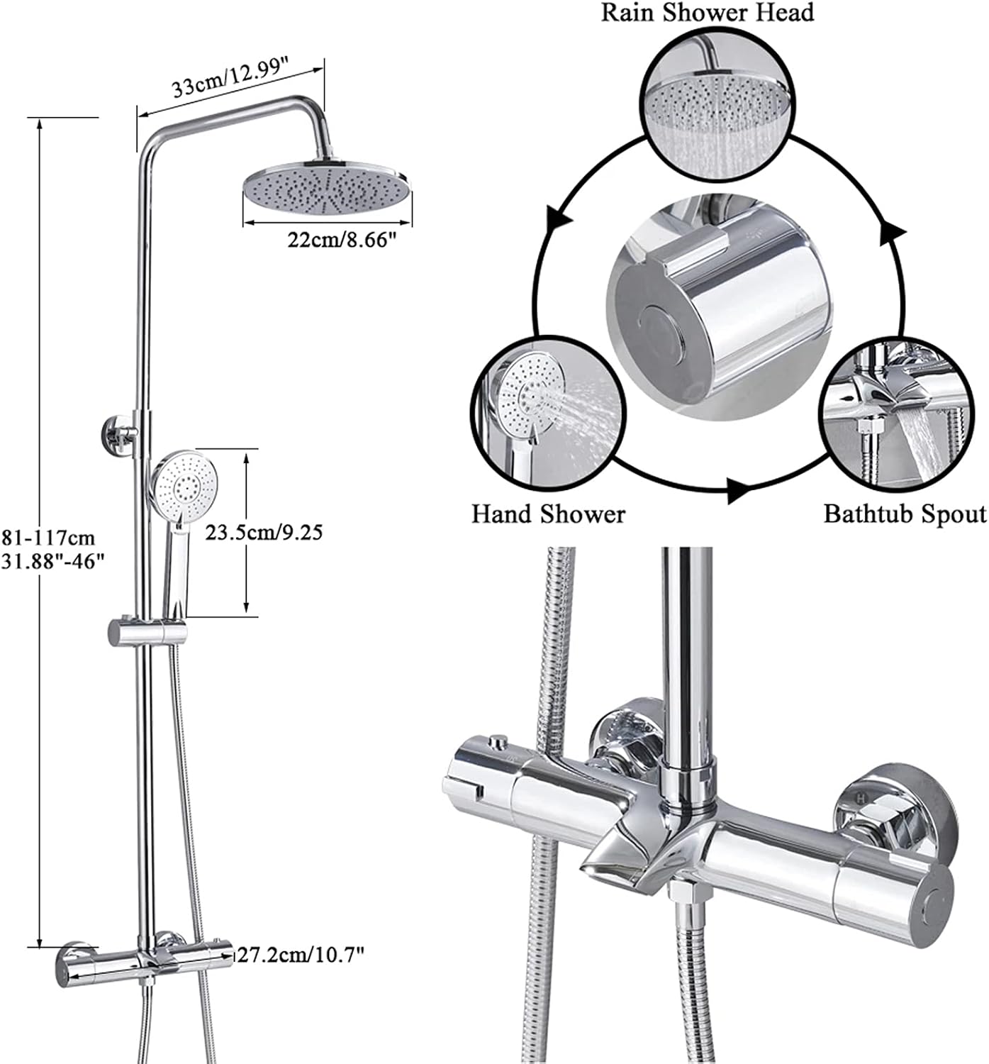 Shower Fixtures Thermostatic Brass Chrome Faucets Sets 3 Function Wall Mounted Exposed System Complete Set with Waterfall Tub Faucet