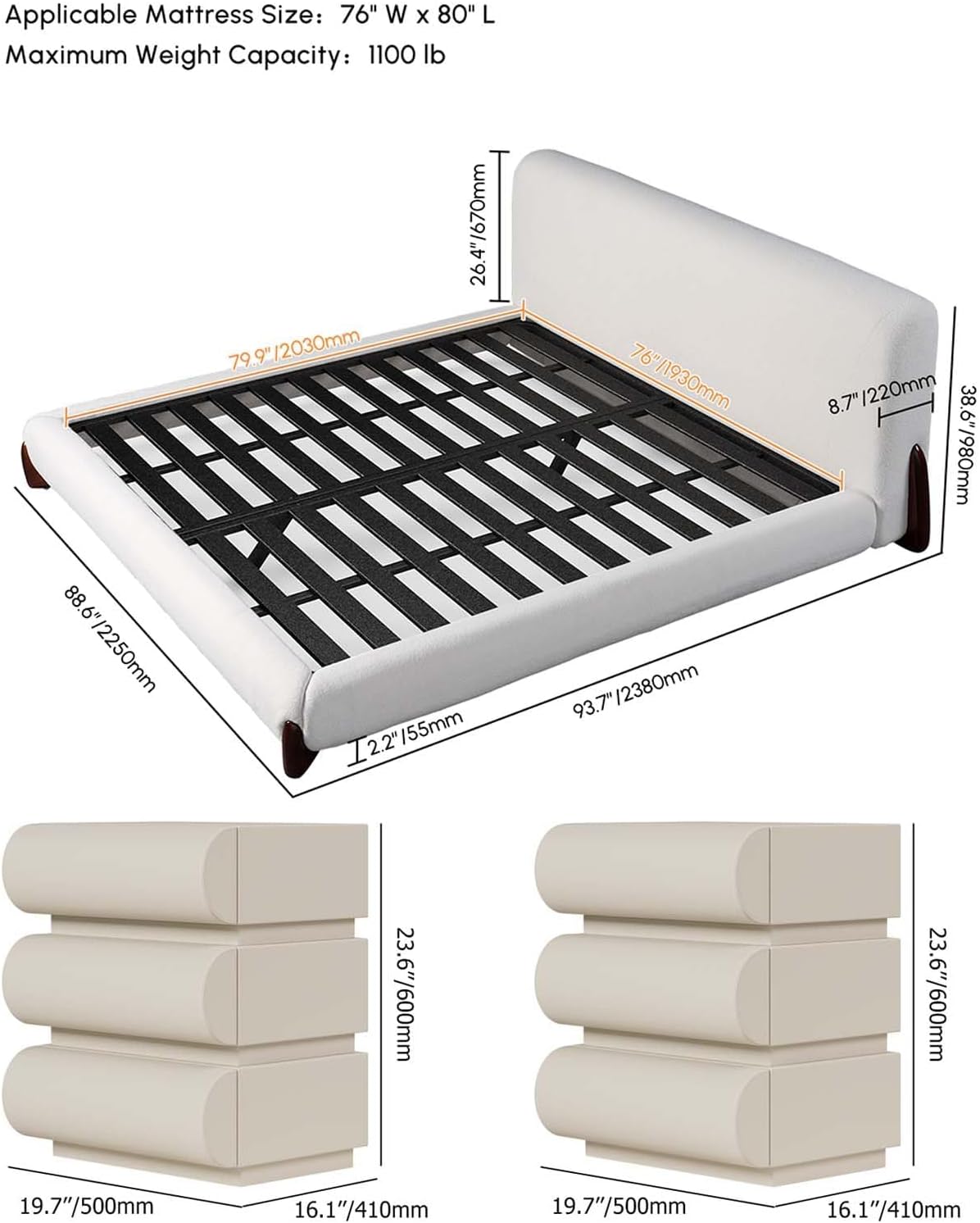 homary 3 Pieces Bedroom Sets, King Size Upholstered Bed with 2 Leather Nightstands – Modern Bedroom Set with Wireless Charging & USB Ports, 2 Drawer Storage Nightstands