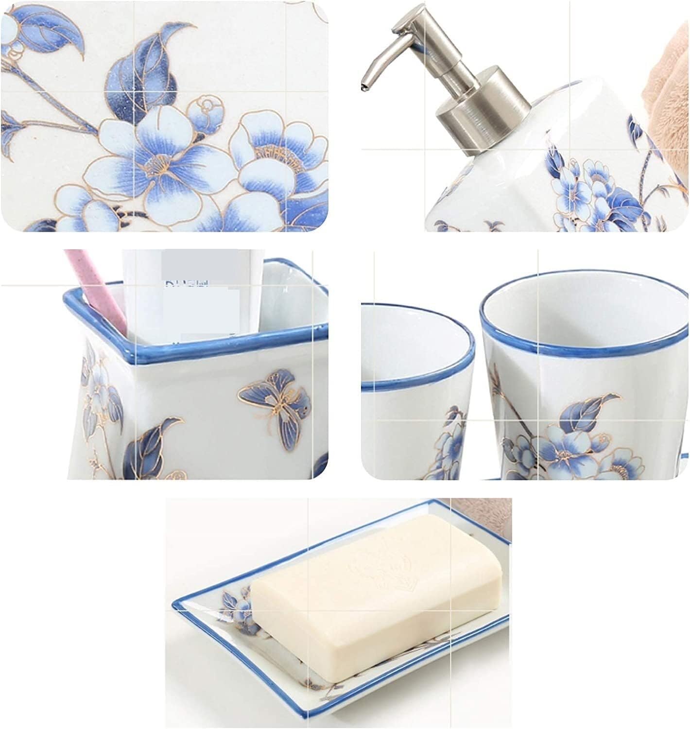 Soap Dispenser Set Chinese Traditional Flowers Ceramic Full Bathroom Accessory Set Blue Flower and Bird Bathroom Kit Bathrooms Sets(5-Piece Set)