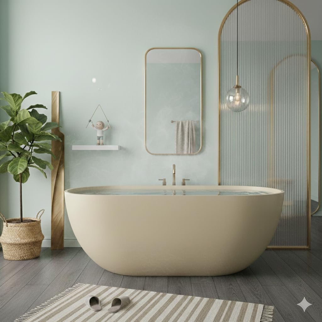 Premium 59' Cream Solid Surface Freestanding Bathtub, Upgraded Oval Stone Resin Tub with Overflow and Pop-up Drain