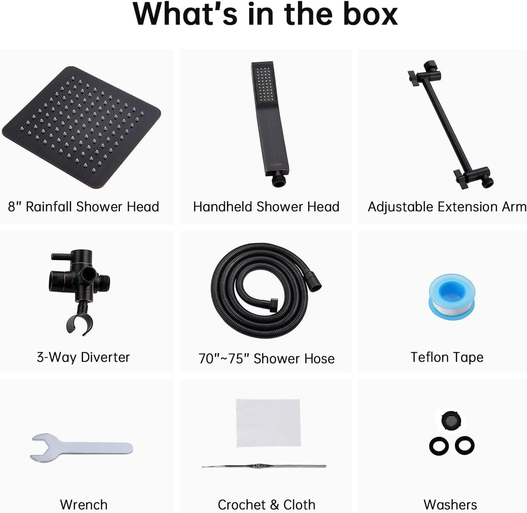 G-Promise All Metal 8 Inch Dual Square Shower Head with Handheld Combo, Rain Shower Head, Adjustable Extension Arm, 3-Way Diverter, 71 Inch Extra Long Hose - A Bathroom Upgrade (Oil Rubbed Bronze)