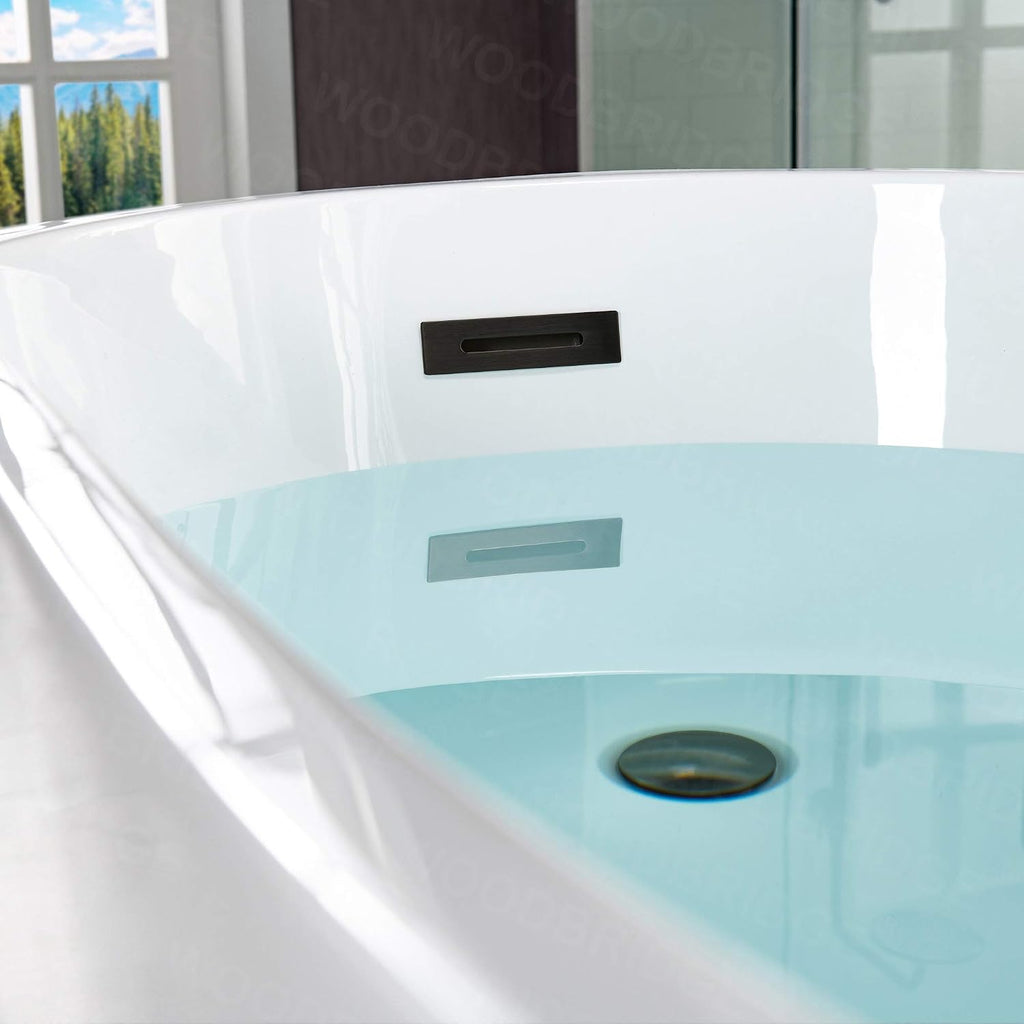 WOODBRIDGE 67' Acrylic Freestanding Bathtub Contemporary Soaking White Tub with Matte Black Overflow and Drain，B0001 -MB-Drain &O