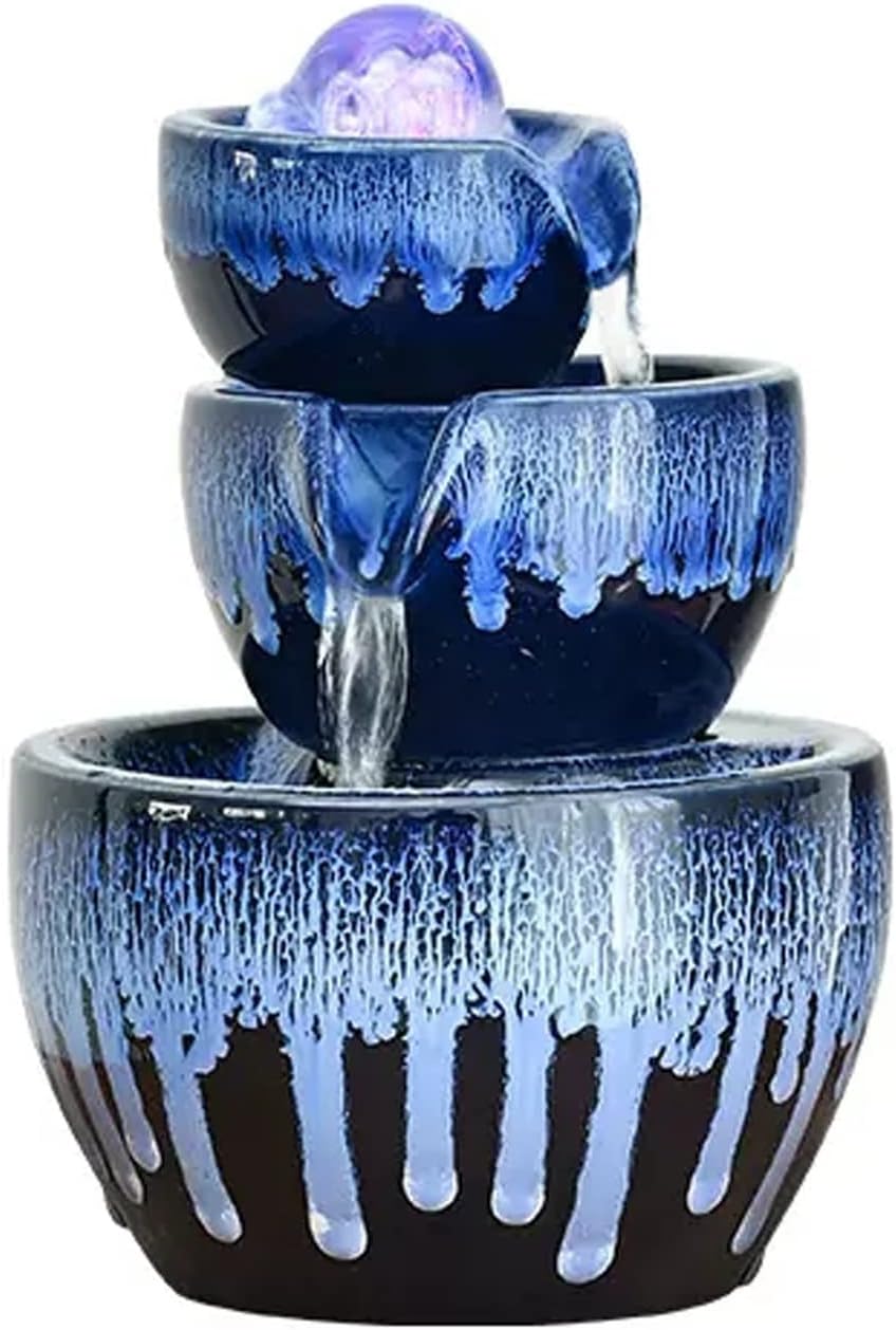 HIHELO Desktop Fountain 3 Tiers Ceramic Tabletop Fountain Indoor Feng Shui Waterfall Fountain with Roller Ball Home Living Room Office Decoration Water Fountain Outdoor