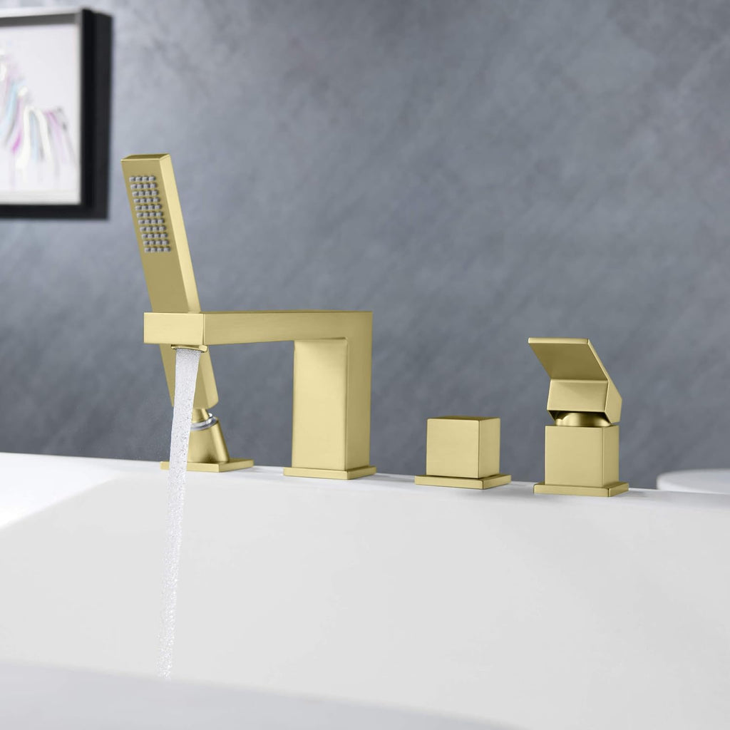 KIBI Cube Single Handle Roman Tub Faucet with Hand Shower | Deck Mounted Bathtub Faucet Set with Solid Brass Construction, Smooth Water Flow & Diverter for Easy Operation (Brushed Gold, KTF3102)