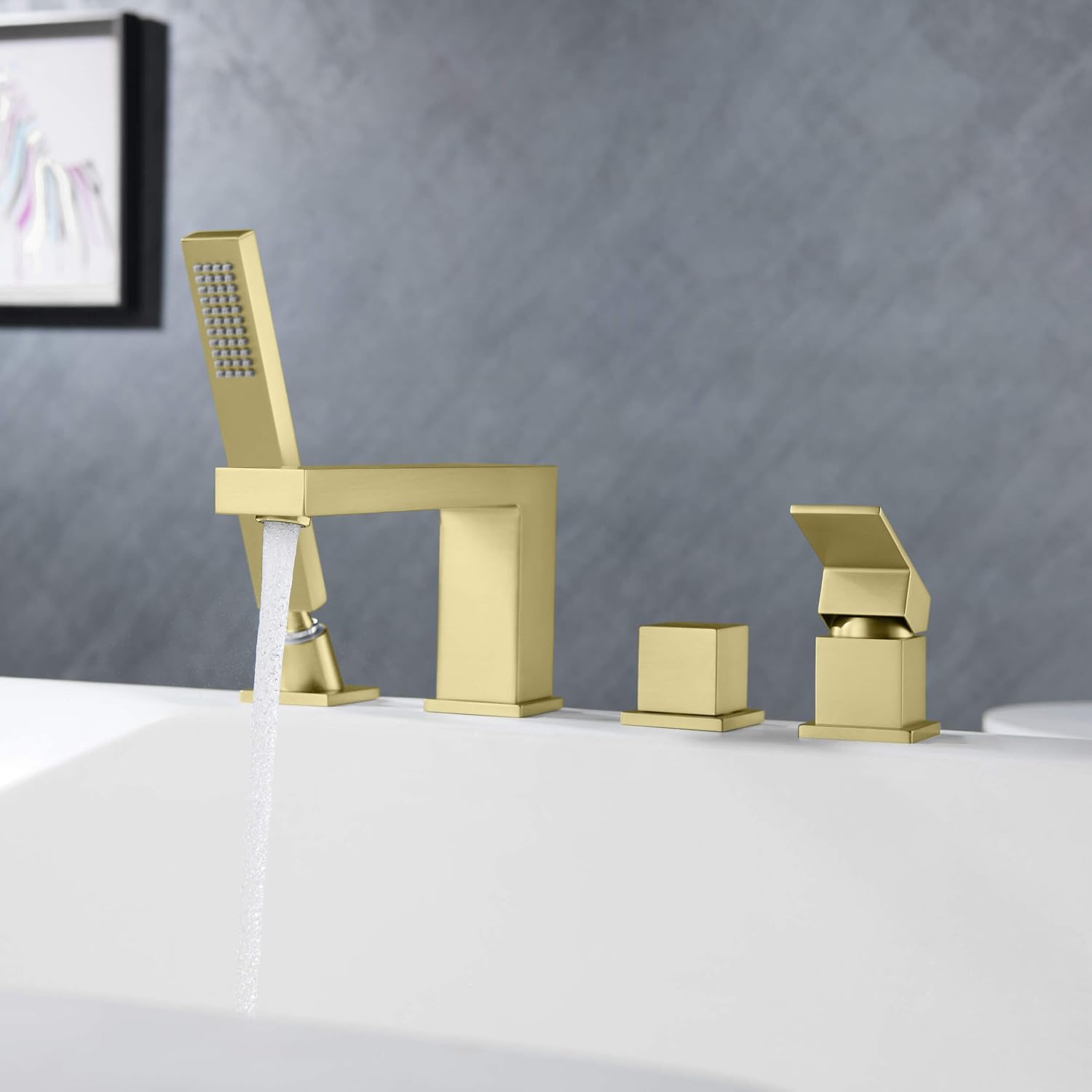 KIBI Cube Single Handle Roman Tub Faucet with Hand Shower | Deck Mounted Bathtub Faucet Set with Solid Brass Construction, Smooth Water Flow & Diverter for Easy Operation (Brushed Gold, KTF3102)