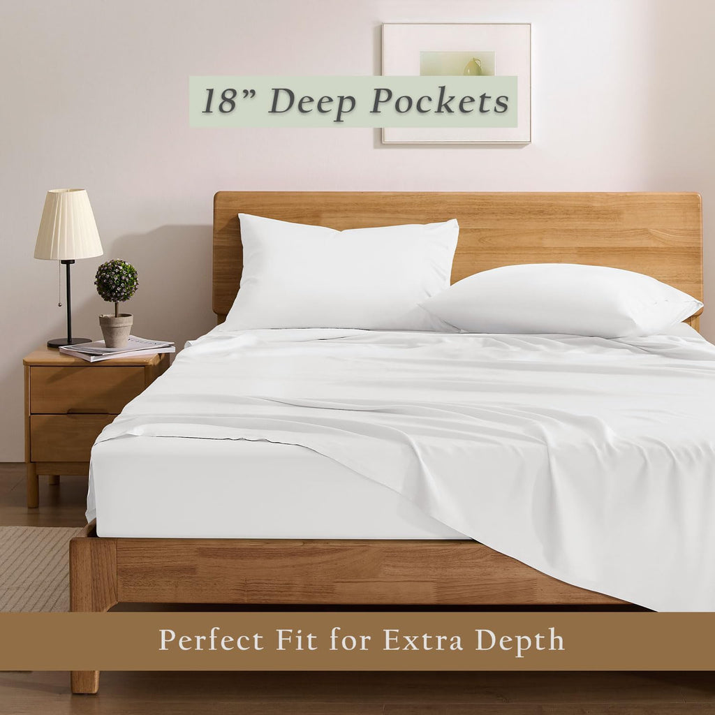 TOSMO Luxury Cooling Sheet Set - 100% Viscose from Bamboo, 4-Piece Bedding Set (Queen Size) - 18' Extra Deep Pockets, Oeko-Tex Certified, Silky Soft and Breathable, Classic White