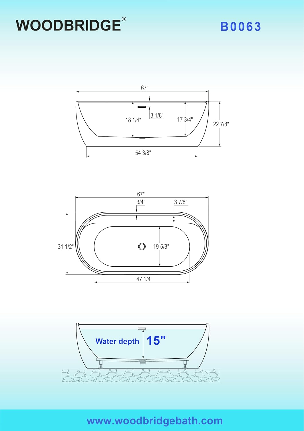 WOODBRIDGE 67' Acrylic Freestanding Bathtub Contemporary Soaking White Tub with Matte Black Overflow and Drain,B0063-MB