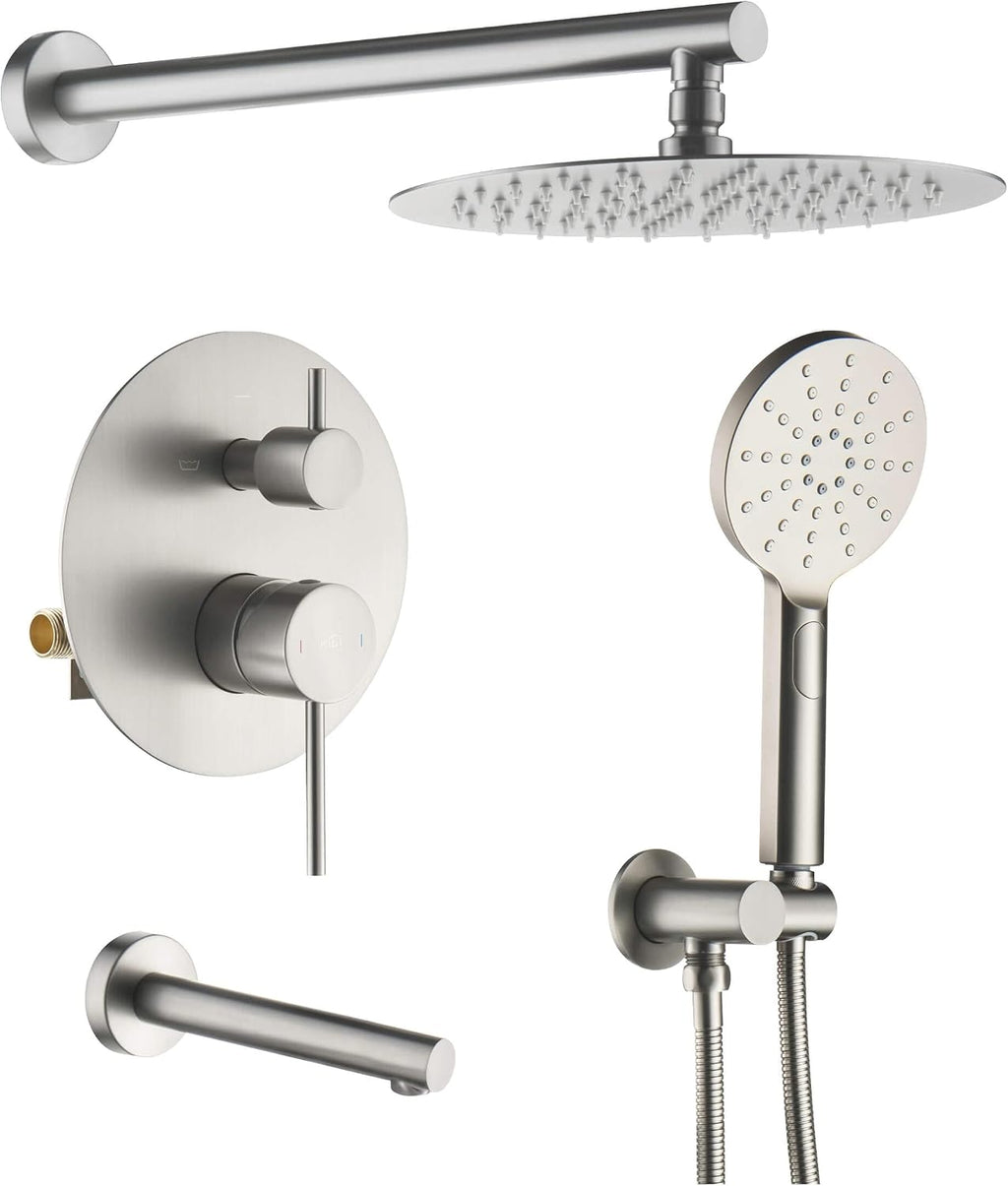 KIBI Circular Bathroom Shower System | 3-Function Wall Mounted Shower Faucet Set with Solid Brass Pressure Balanced Valve | Three Hand Shower Modes | 15-inch Long Shower Arm | Brushed Nickel (KSF404)