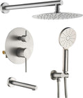 KIBI Circular Bathroom Shower System | 3-Function Wall Mounted Shower Faucet Set with Solid Brass Pressure Balanced Valve | Three Hand Shower Modes | 15-inch Long Shower Arm | Brushed Nickel (KSF404)