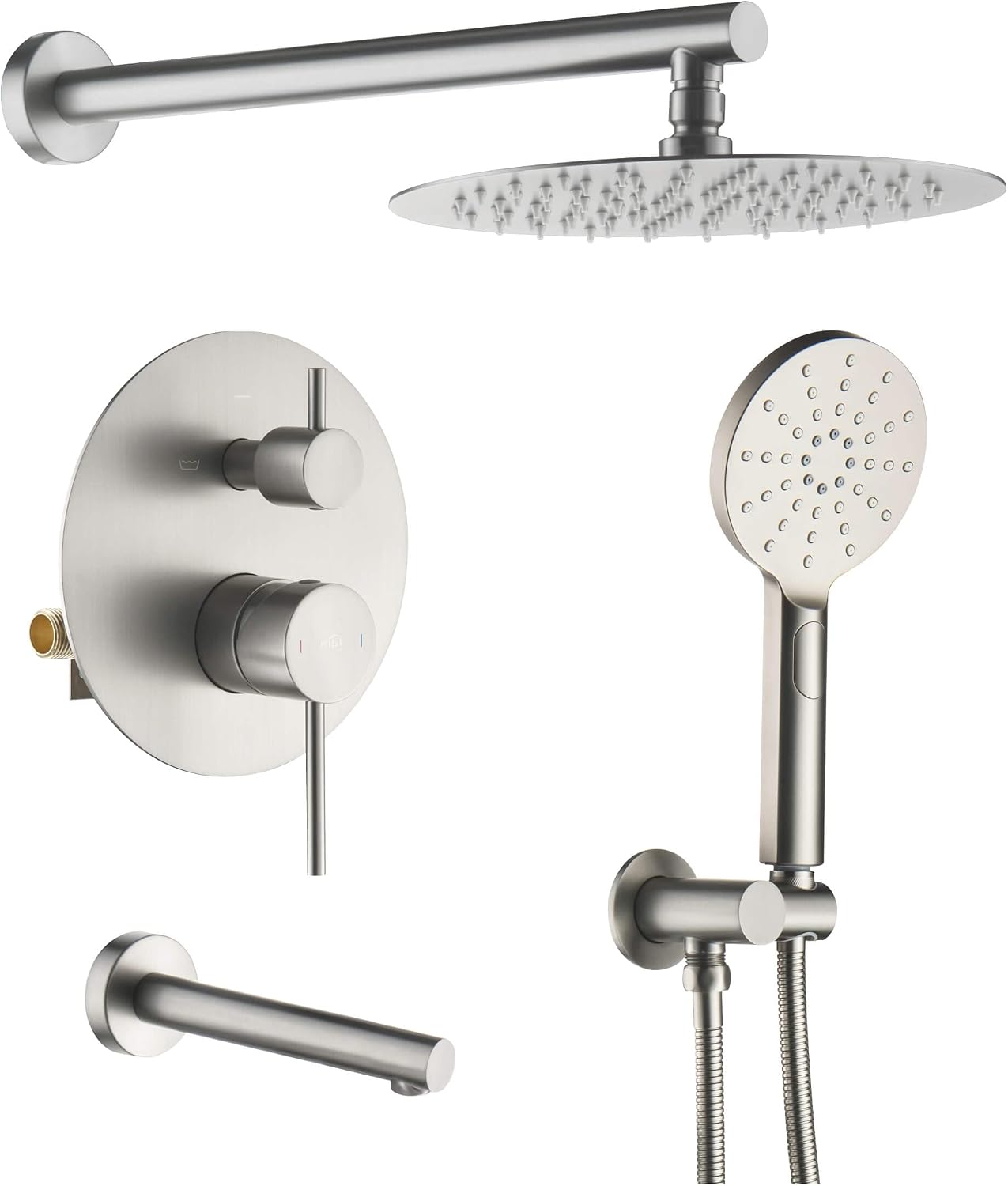 KIBI Circular Bathroom Shower System | 3-Function Wall Mounted Shower Faucet Set with Solid Brass Pressure Balanced Valve | Three Hand Shower Modes | 15-inch Long Shower Arm | Brushed Nickel (KSF404)
