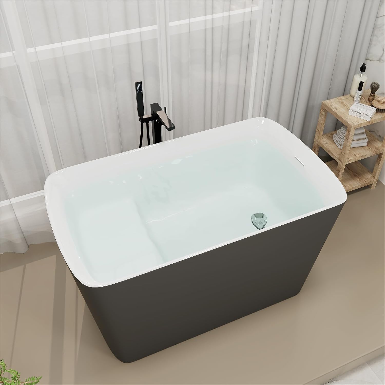 47' Lucite Acrylic Freestanding Bathtub，Square Shape Janpanese Soaking Tub with Seat Desgin,Toe-tap Chrome Right Drain, Slotted Overflow, cUPC Certified, 37° Gray