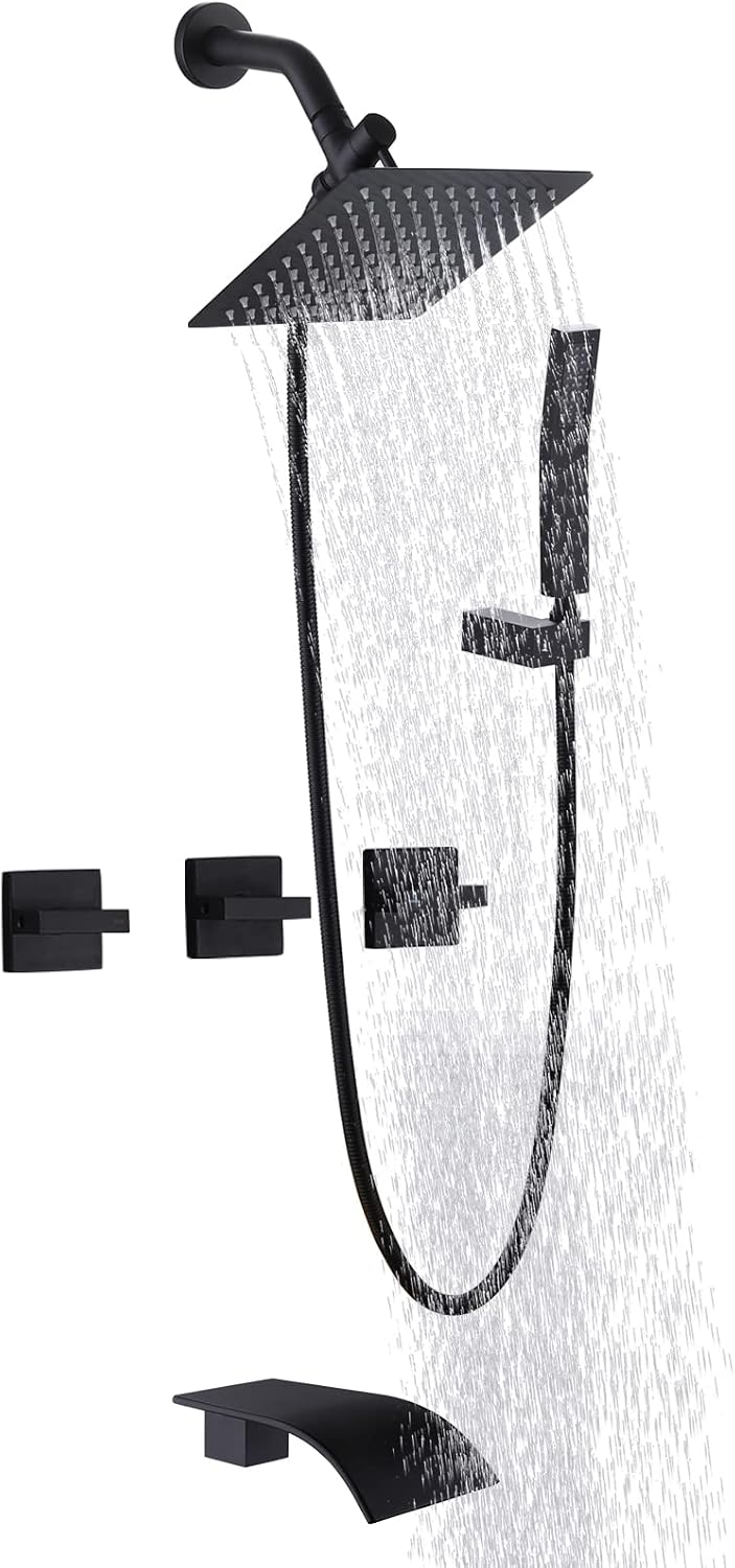 3 Handles Tub Shower Faucet,Bathtub Shower Faucet Set with Tub Spout,Dual 2 in 1 Shower System Complete Tub and Shower Trim Kit,Matte Black