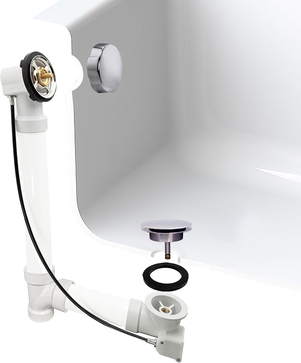 Westbrass D50P45-26 45' Cable Drive Standard Bath Drain Trim Kit with Rotary Overflow Cover Knob, Pop-Up Stopper and Sch. 40 PVC Fittings, Polished Chrome (4-Pack)