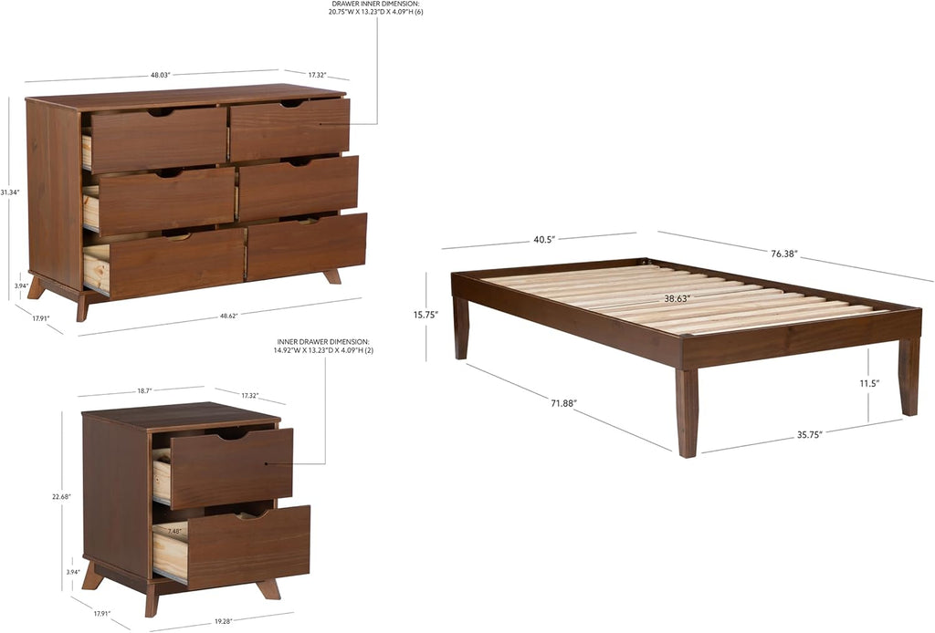 Powell Fordham Walnut Solid Pine Wood Twin Sized Platform Bed with Six Drawer Dresser and Set of 2 Two Drawer Nightstands