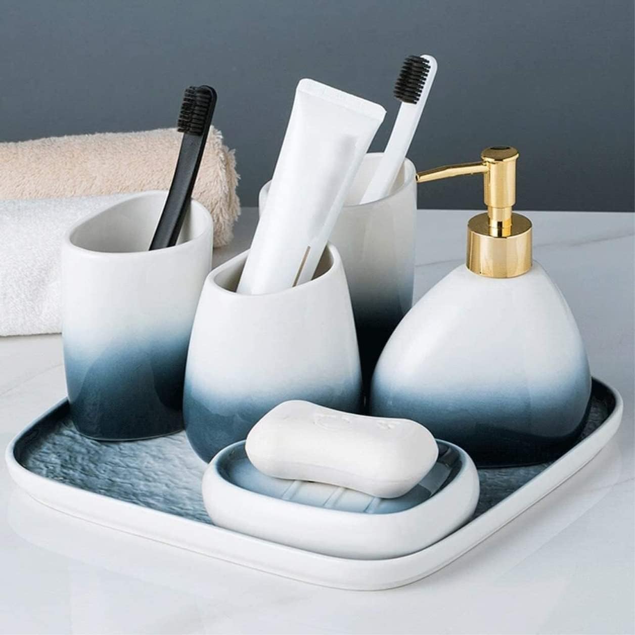 Bathroom Accessory Set Bathroom Accessories Set Bathroom Accessory Set Gradient Blue 5 Piece Ceramic Soap Dispenser Retro Toothbrush Holder Lotion Bottle Bath Accessory Set (B)