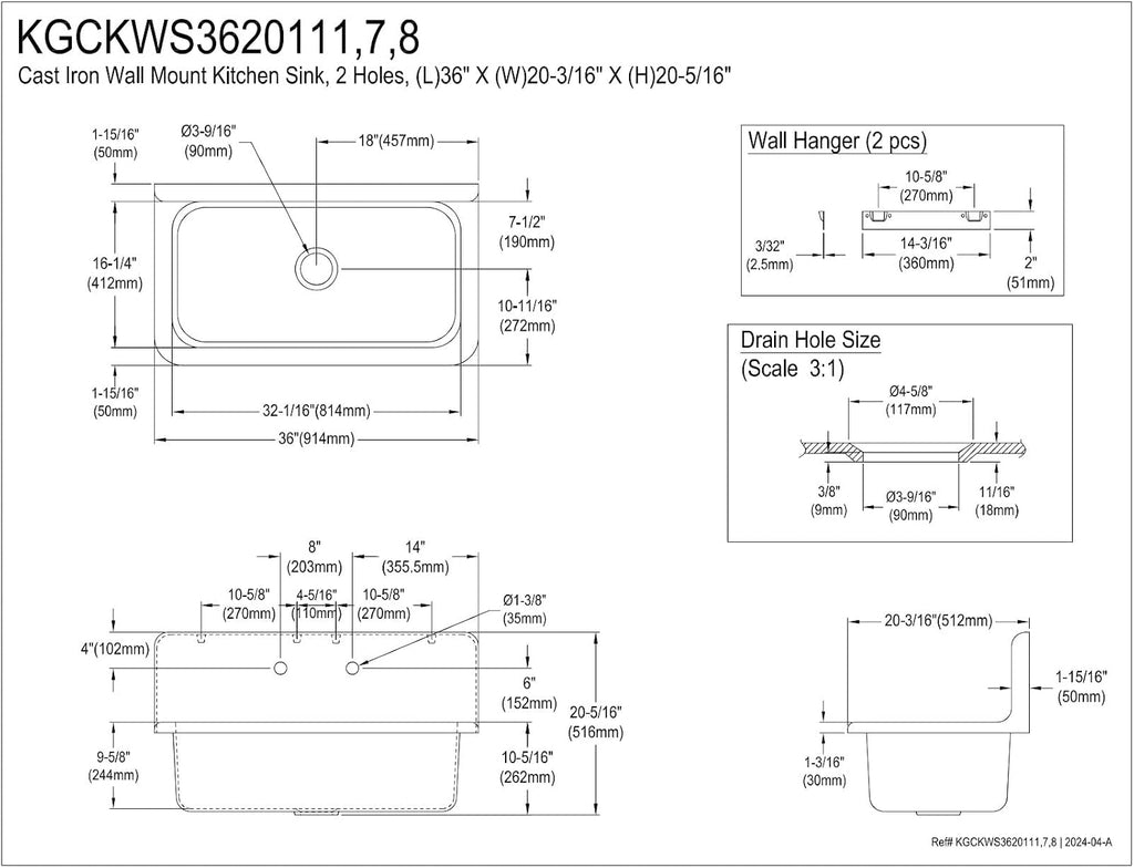 Kingston Brass Petra Galley KGCKWS3620117 Cast Iron Single Bowl Wall Mount Kitchen Sink with 2-Hole Drain and Strainer, White/Brushed Brass