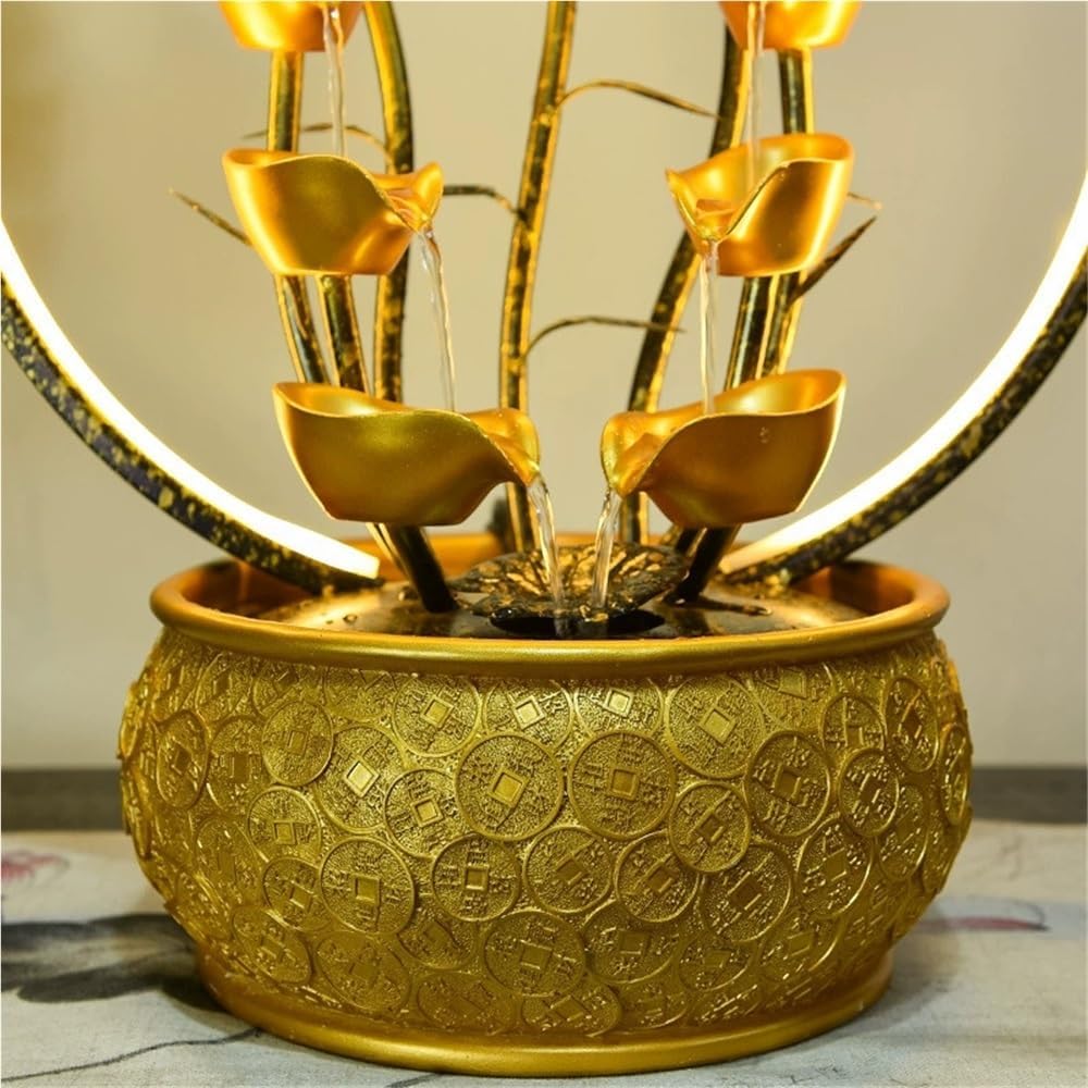 Gold Money Tree Feng Shui Tabletop Fountain with LED Light and Automatic Pump, Wealth Luck Indoor Waterfall Decor, Resin Desktop Water Feature for Home Office Zen Relaxation(Small)