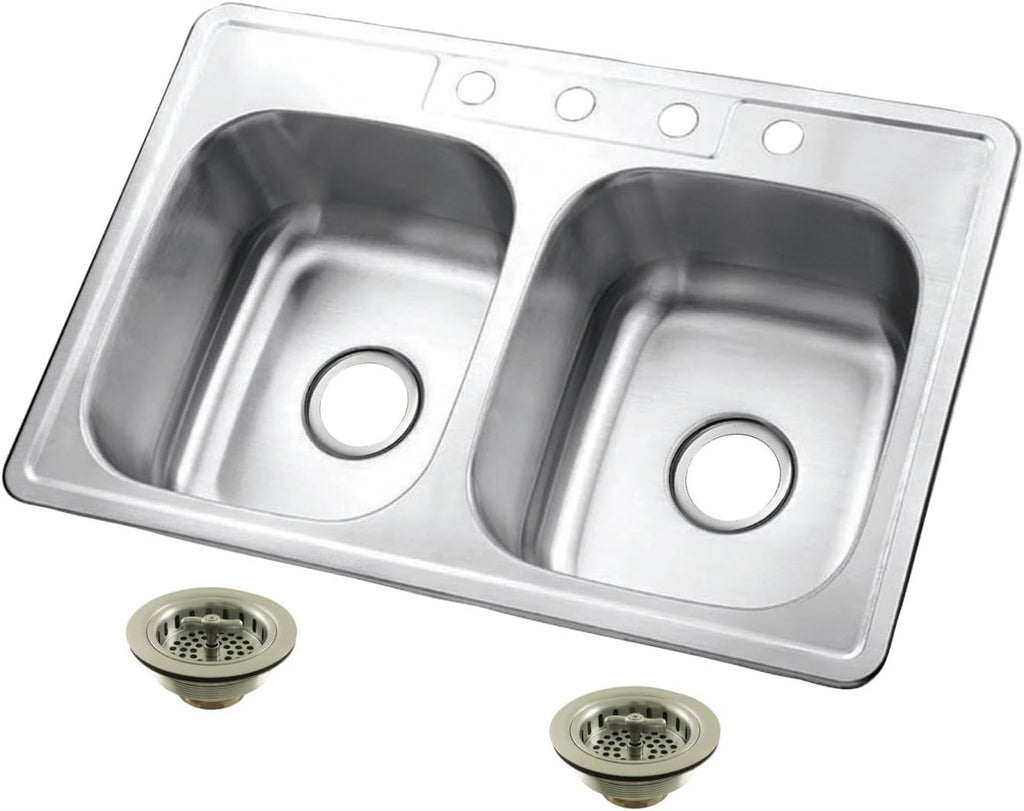Kingston Brass Studio KGKTD332268 33' Stainless Steel Self-Rimming Double Bowl Drop-In Kitchen Sink with 4-Hole Drain and Strainer, Stainless Steel/Brushed Nickel