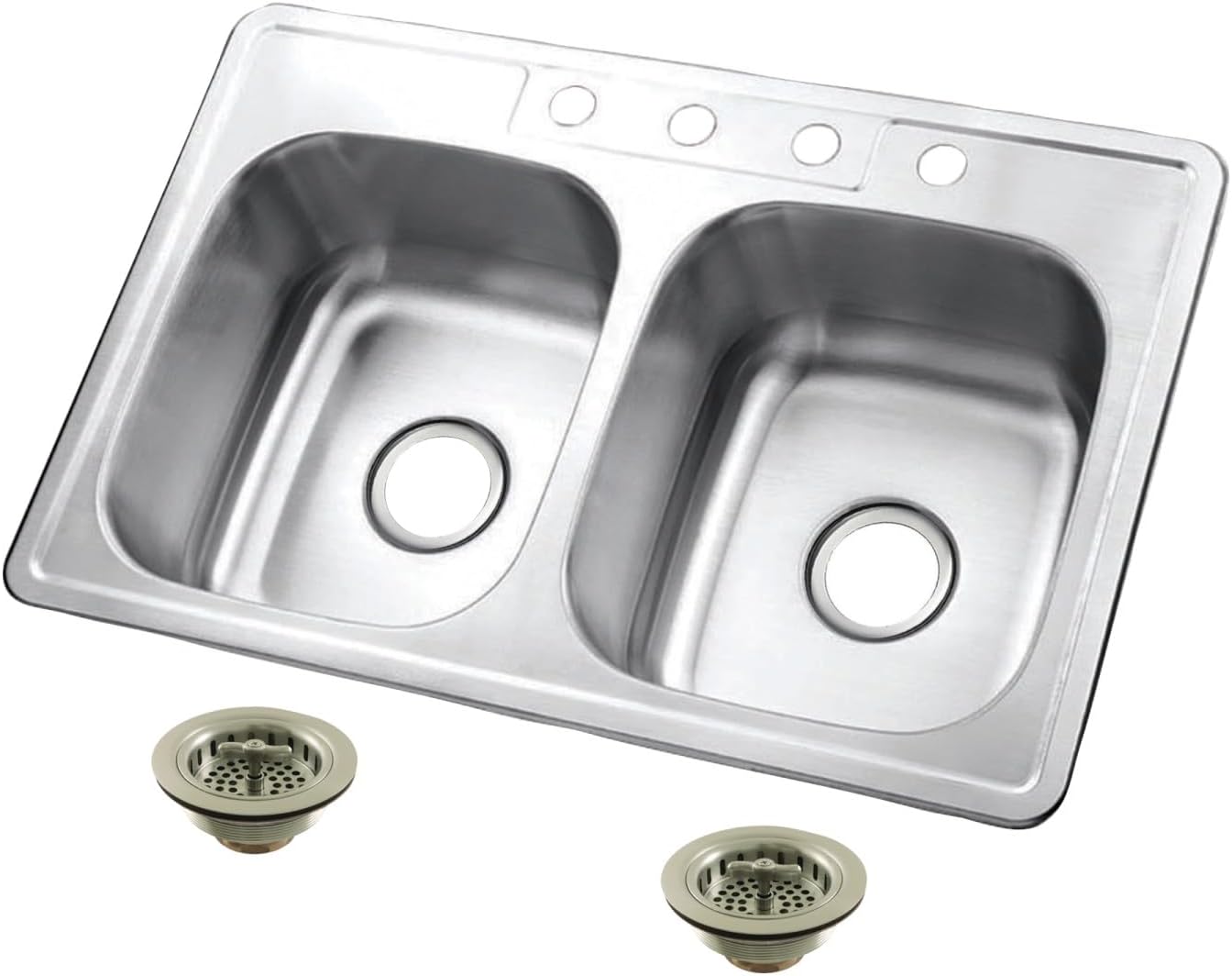 Kingston Brass Studio KGKTD332268 33' Stainless Steel Self-Rimming Double Bowl Drop-In Kitchen Sink with 4-Hole Drain and Strainer, Stainless Steel/Brushed Nickel
