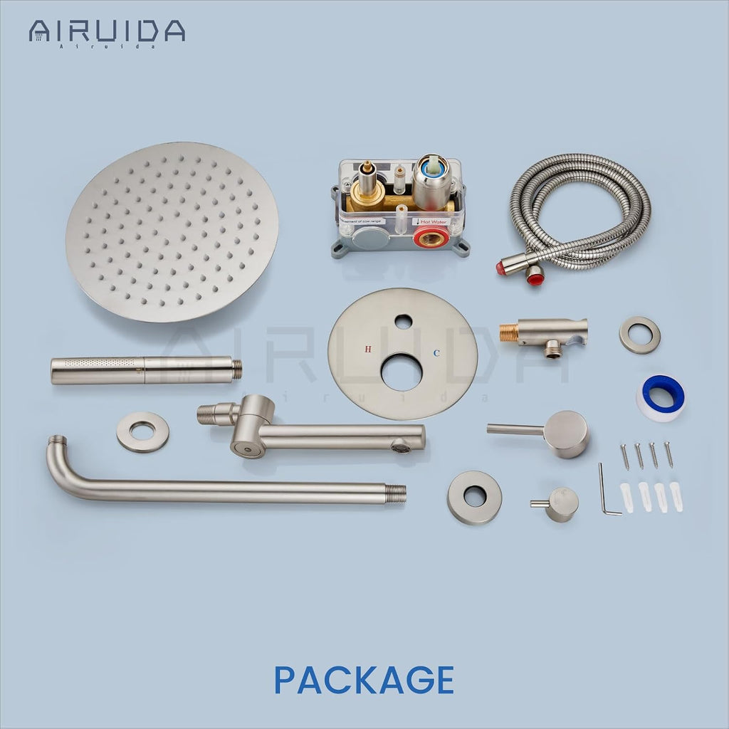 Airuida 3-Function Shower System with Tub Spout – Round Rainfall Shower Faucet Combo,Handheld Spray with 2 Functions,Includes Rough-In Valve with 360° Rotating Drain,10 Inch Shower Head,Brushed Nickel
