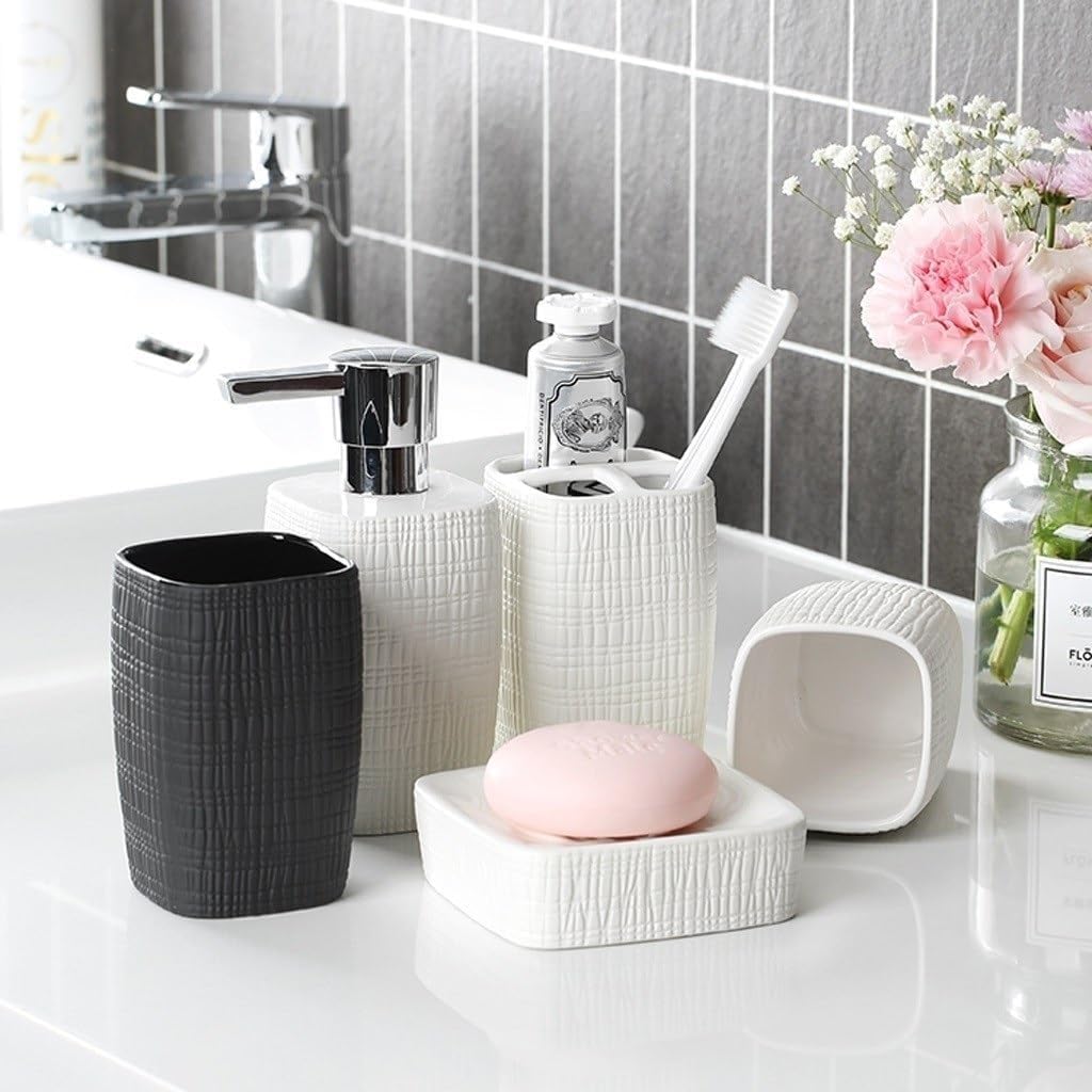 5-Piece Ceramic Bathroom Accessories Set, Soap Dispenser Toothbrush Holder Cup Soap Dish Bath Set(Blue)