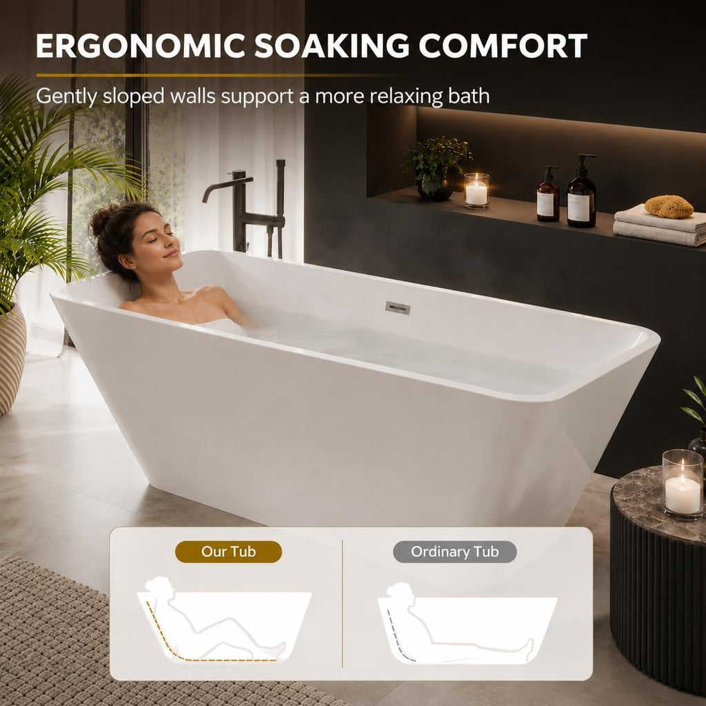 66' Freestanding Acrylic Soaking Tub,Large Freestanding Bathtub with Non-Slip Surface, Overflow and Drain Included, Freestanding Bathtub with Chrome Drain, Deep Stand-Alone Tub for Relaxing Home Spa
