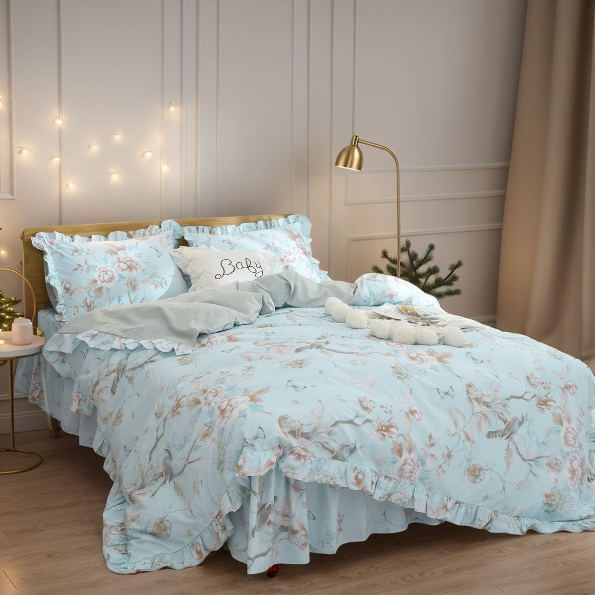 FADFAY Farmhouse Floral Bedding Shabby Blue Bird Print French Countryside Chic Bedding Set Luxury Bedskirt Collections 800 Thread Count 100% Egyptian Cotton, 4 Piece-King Size