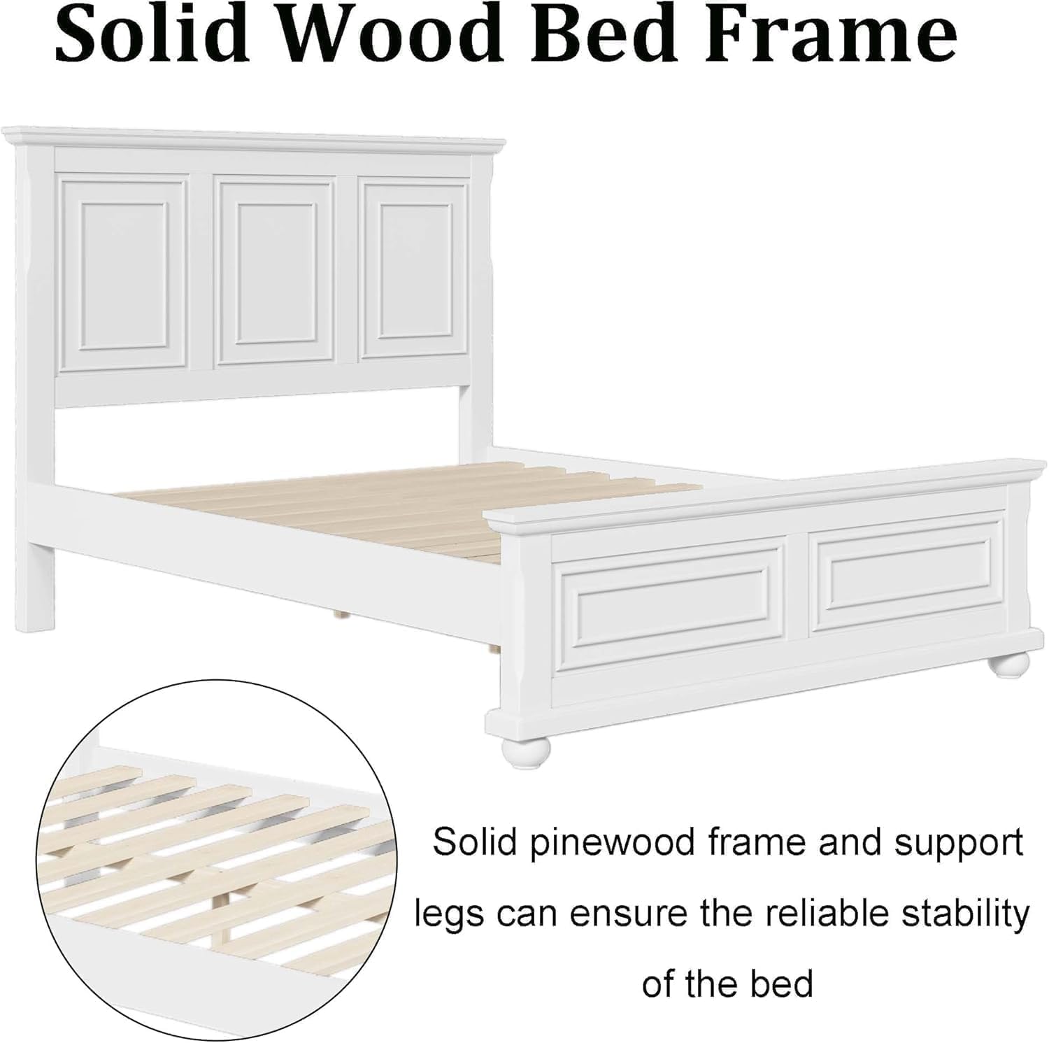 MERITLINE Vintage Farmhouse Bed Frame Queen,Solid Wood Mid Century Modern Rustic Bed Frame with Headboard and Footboard,No Box Spring Needed (White,Queen)