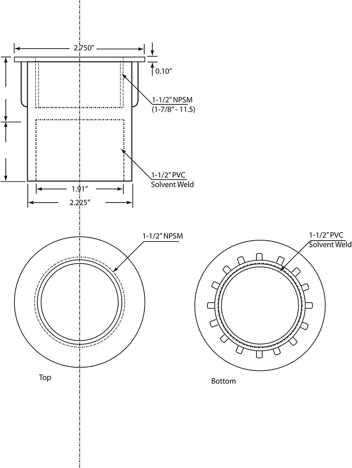 Westbrass 442P-48 1-1/2' NPMS Thread x 2-1/2' Straight Tub Drain Adapter with Slip Inlet, Sch 40 PVC White (48-Pack)