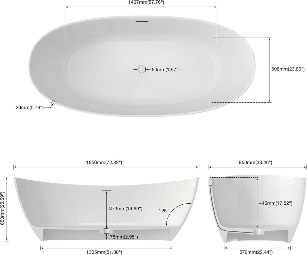 73' Premium Solid Surface Freestanding Bathtub, Contemporary Design Stand Alone Stone Resin Tub with Overflow and Pop-up Drain, Matte White