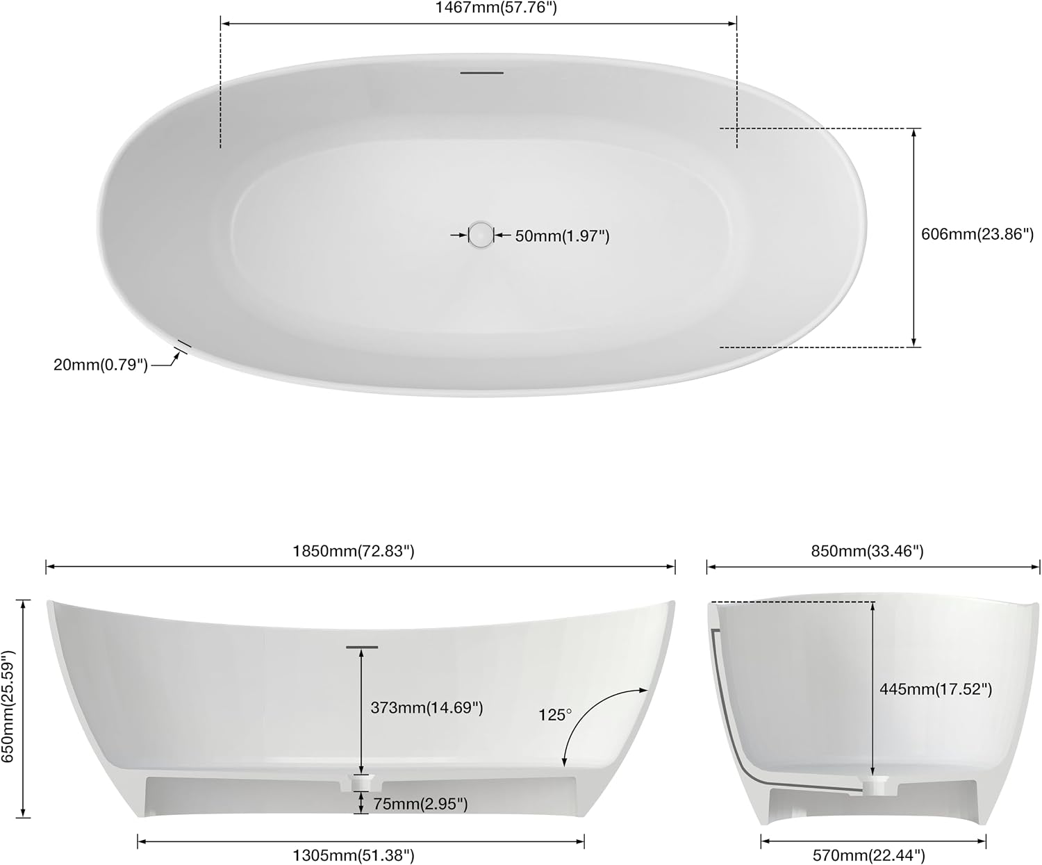 73' Premium Solid Surface Freestanding Bathtub, Contemporary Design Stand Alone Stone Resin Tub with Overflow and Pop-up Drain, Matte White
