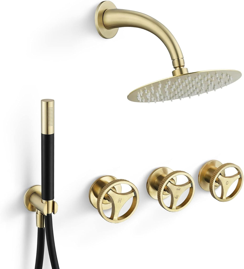 SKOWLL Rainfall Shower Faucet Set 3 Handle Shower Fixtures System Wall Mount 10 Inch Bathroom Shower Head Kit with 2 Function Shower Valve, Brushed Gold
