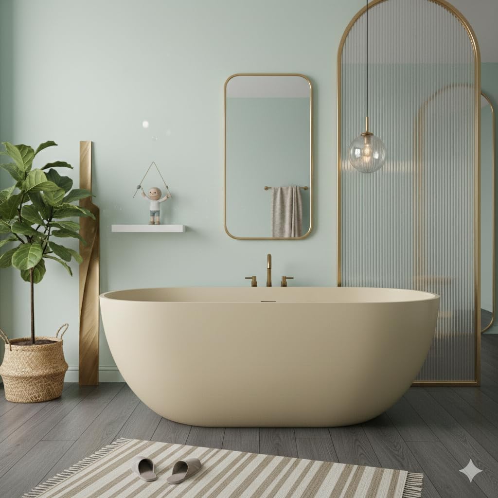 Premium 59' Cream Solid Surface Freestanding Bathtub, Upgraded Oval Stone Resin Tub with Overflow and Pop-up Drain