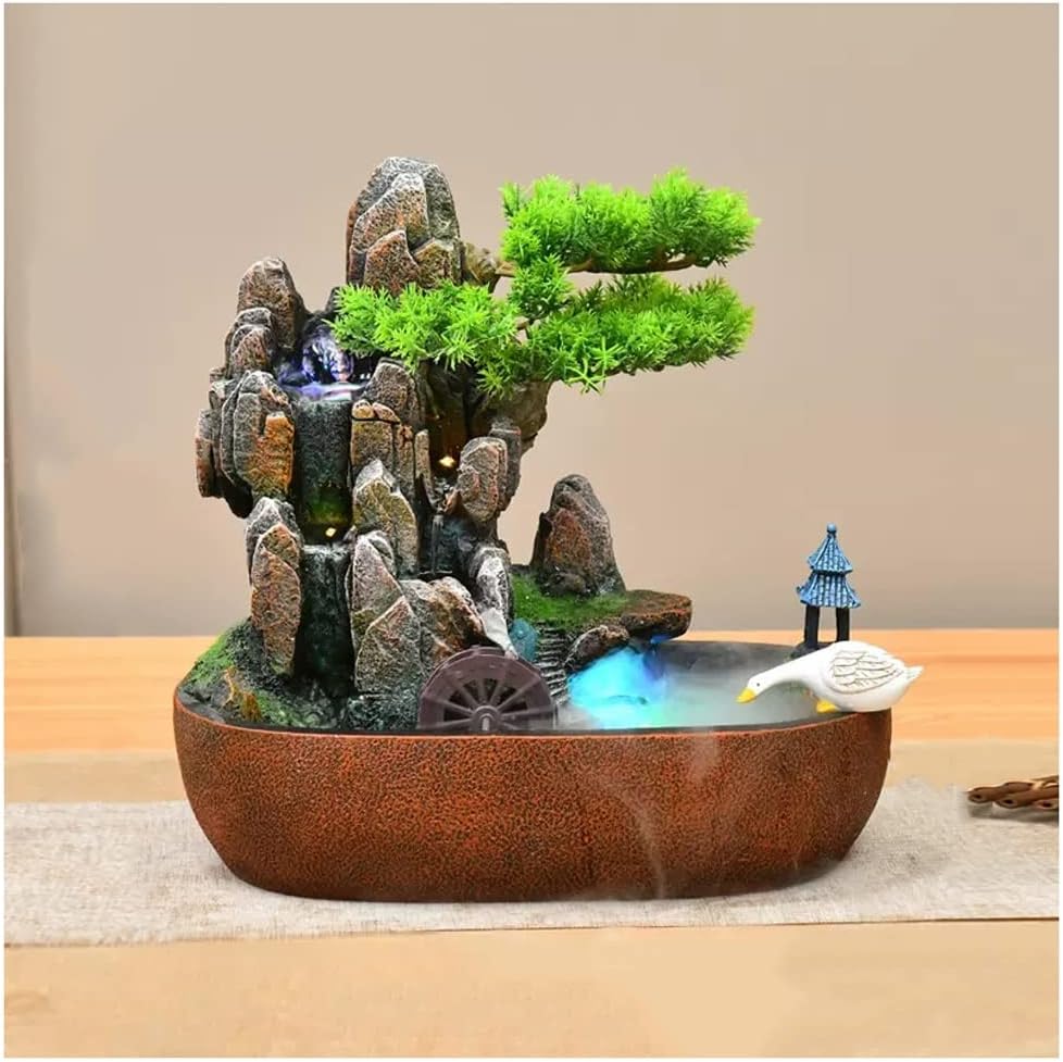 HIHELO Tabletop Fountain Tabletop Fountain Resin Alpine Flowing Water Fountain Living Room Decoration Waterscape Ornament Office Lucky Decoration Indoor Fountain (Color : with Nebulizer)