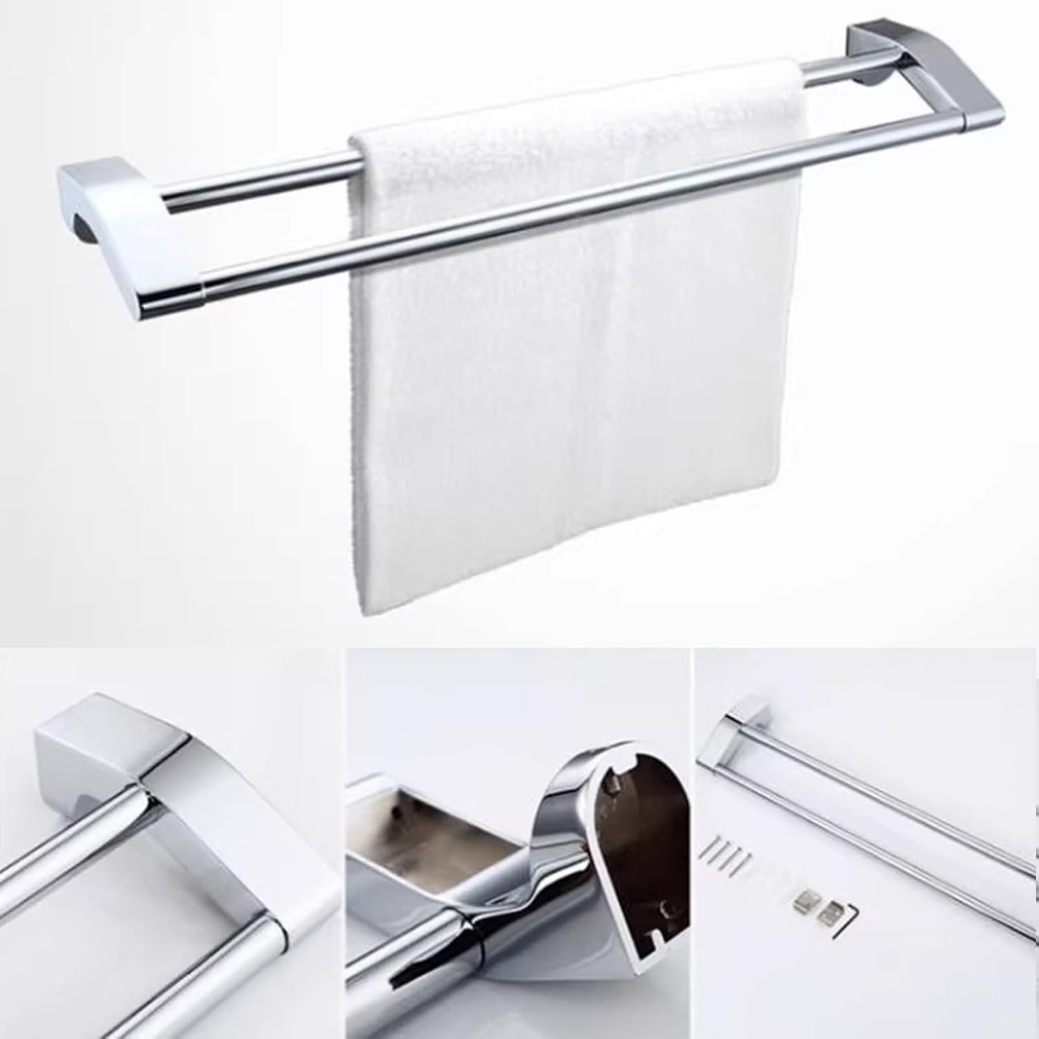 JRUIA Chrome Bathroom Towel Rack, Stainless Steel Wall Mounted Bathroom Hooks, Kitchen Bathroom Towel Holder, Space Saving