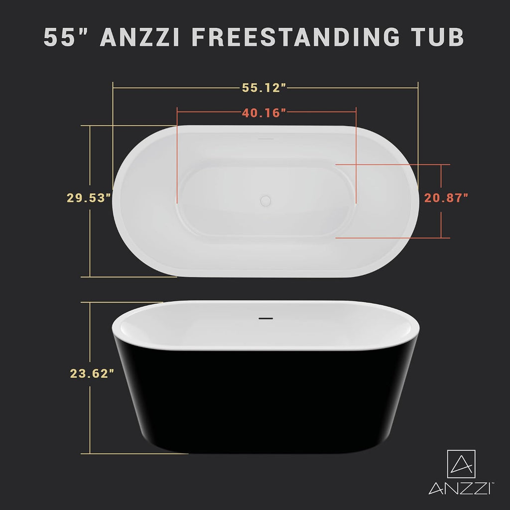 ANZZI 55 Inch Acrylic Freestanding Bathtub In Glossy White | Chand Pre-plumbed Solid Deep Soaker Tub With Built In Overflow And Drain | Soaking Stand Alone Tub 72 Gallons Capacity | FT-AZ098-55BK
