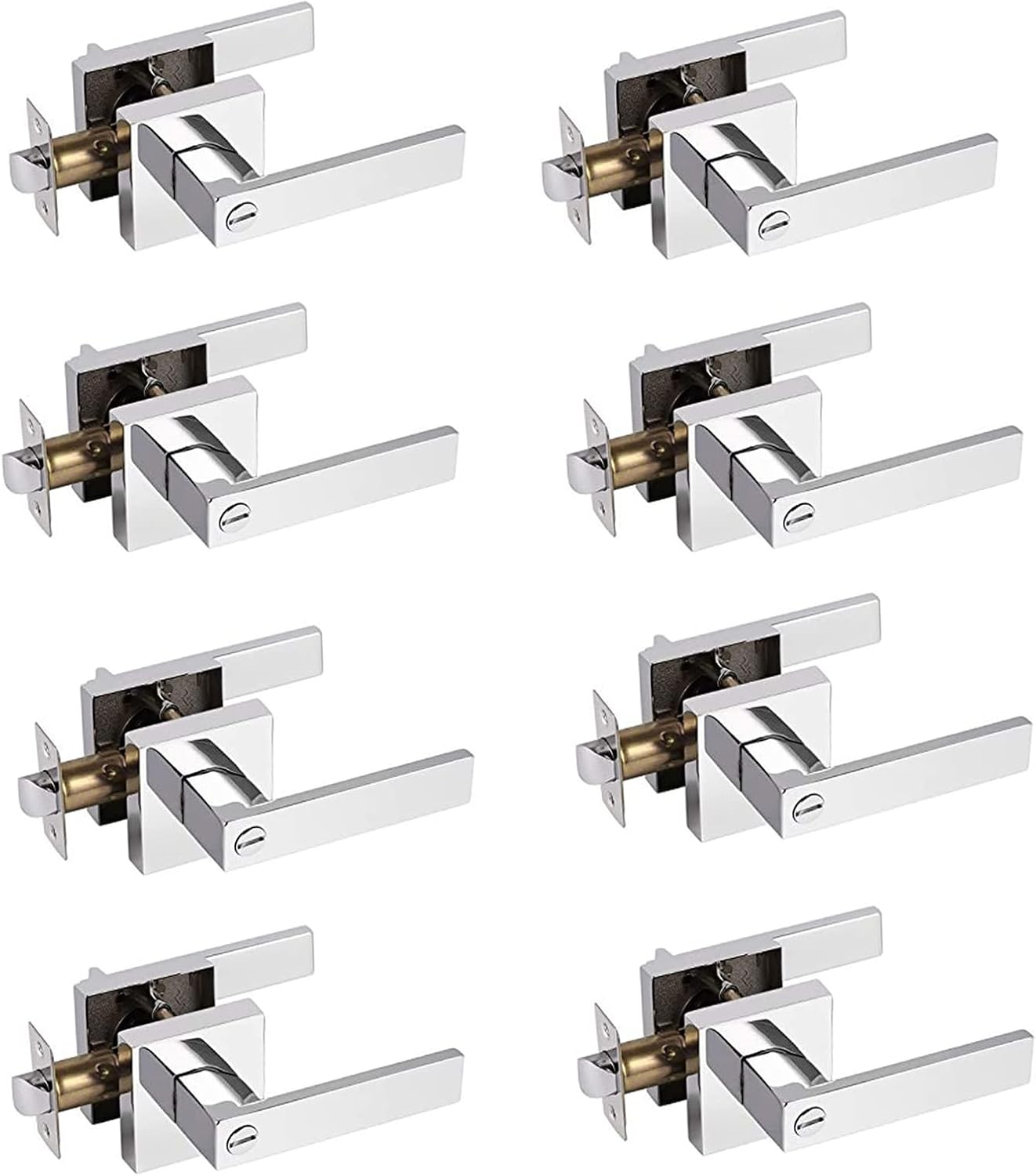 Probrico Heavy Duty Door Handles Polished Chrome, Interior Keyless Locks Bath/Bed Door Locksets, Square Privacy Door Levers Reversible for Left/Right Handed Doors, 8 Pack