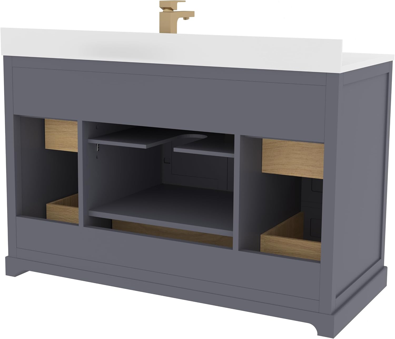 Ayna Decors Maya 48 Inch Single Vanity with Sink and Quartz Countertop in Charcoal Grey, Freestanding Bathroom Vanities with Soft Close Doors and Drawers - Brushed Gold Hardware
