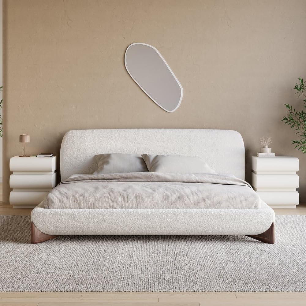 homary Queen Size Upholstered Bed Frame with 2 Three-Drawer Nightstands – Modern Bedroom Set with Wireless Charging, USB Ports, Faux Leather & Bouclé Upholstered Bed Platform with Headboard