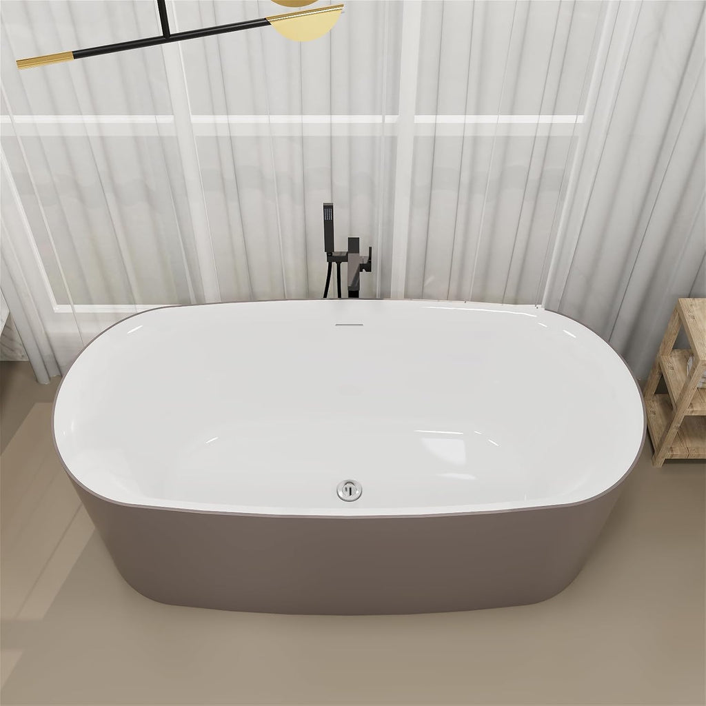 59' Solid Surface Resin Freestanding Bathtub Oval Shape, Modern Deep Stone Resin Soaking Bathtub with Integrated Slotted Overflow, Toe-Tap Chrome Drain, cUPC Certified, Brown