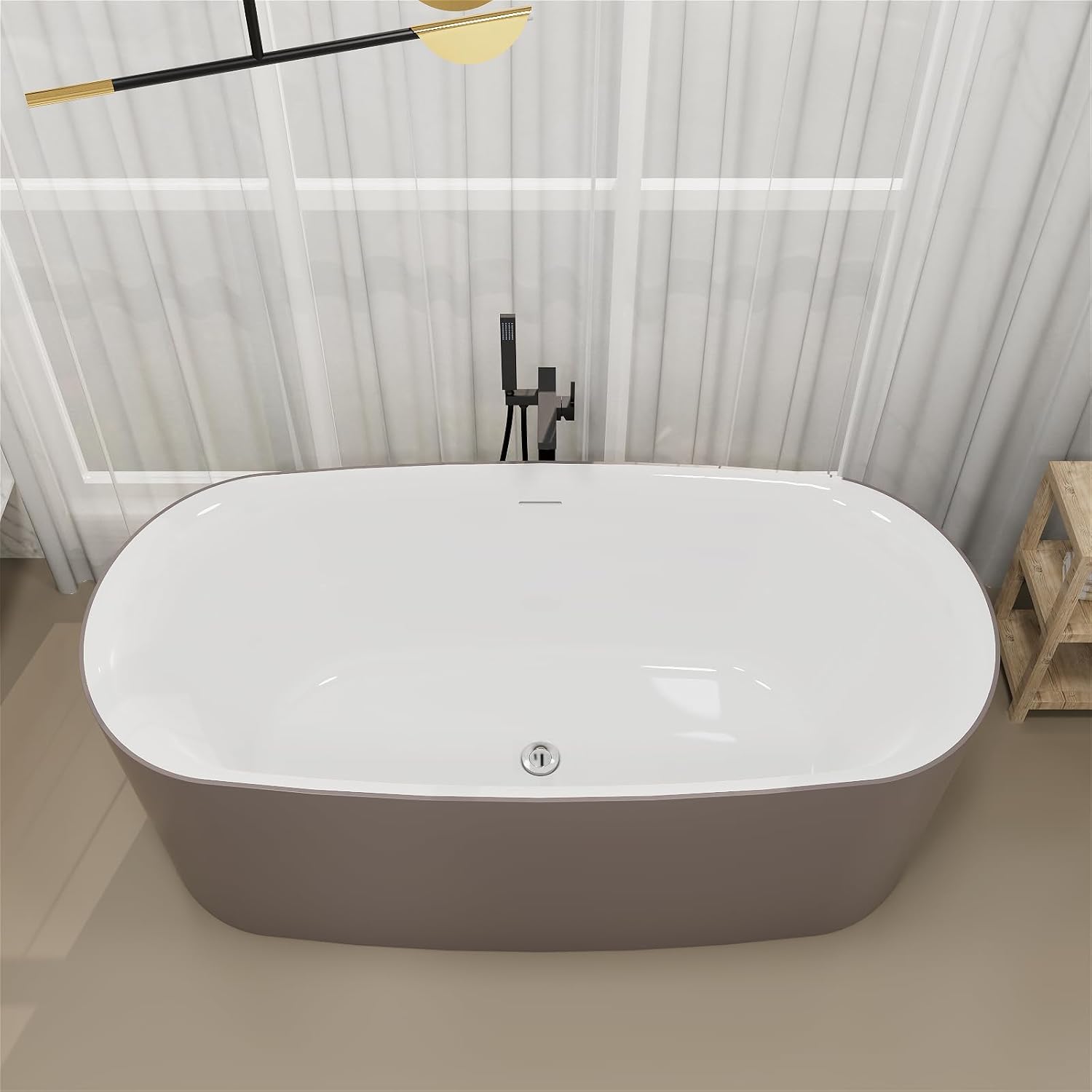 59' Solid Surface Resin Freestanding Bathtub Oval Shape, Modern Deep Stone Resin Soaking Bathtub with Integrated Slotted Overflow, Toe-Tap Chrome Drain, cUPC Certified, Brown